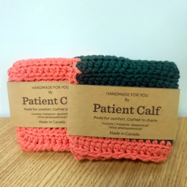 Set of two Patient Calf Washcloths in Forrest Green and Tangerine