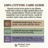 A square care guide graphic for 100% cotton hand-crocheted products by Patient Calf, featuring washing and drying instructions.