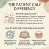 Infographic showing care instructions: machine wash cold and lay flat to dry for Patient Calf cotton goods