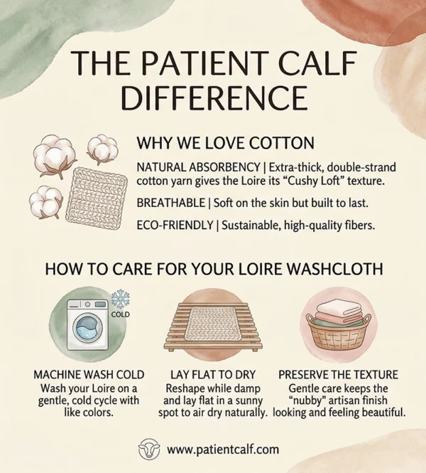 Infographic showing care instructions: machine wash cold and lay flat to dry for Patient Calf cotton goods