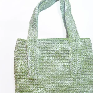 Close-up of the Rowan Tote straps and the clean, artisan finish of the Sage Green crochet.