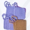 The Iris facial scrubbie by Patient Calf in Soft Lilac and Fudge, featuring a lightweight, nubby cotton crochet.